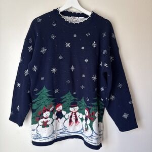Vintage Nutcracker Christmas Sweater Blue Womens Size L Snowmen Festive Holiday